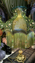 Vintage Green Fabric Table Lamp, Handmade Victorian Fringe Lamp with Brass Base