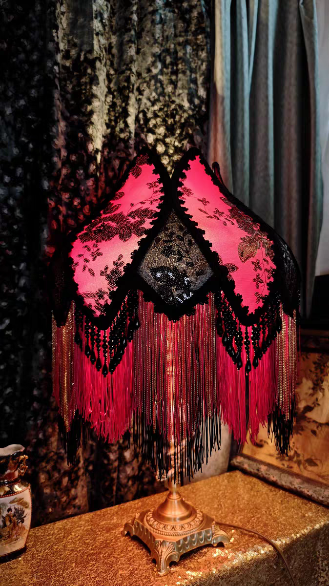 Handmade Victorian Table Lamp with Fuchsia Fringe Shade | Vintage Art Nouveau Lighting