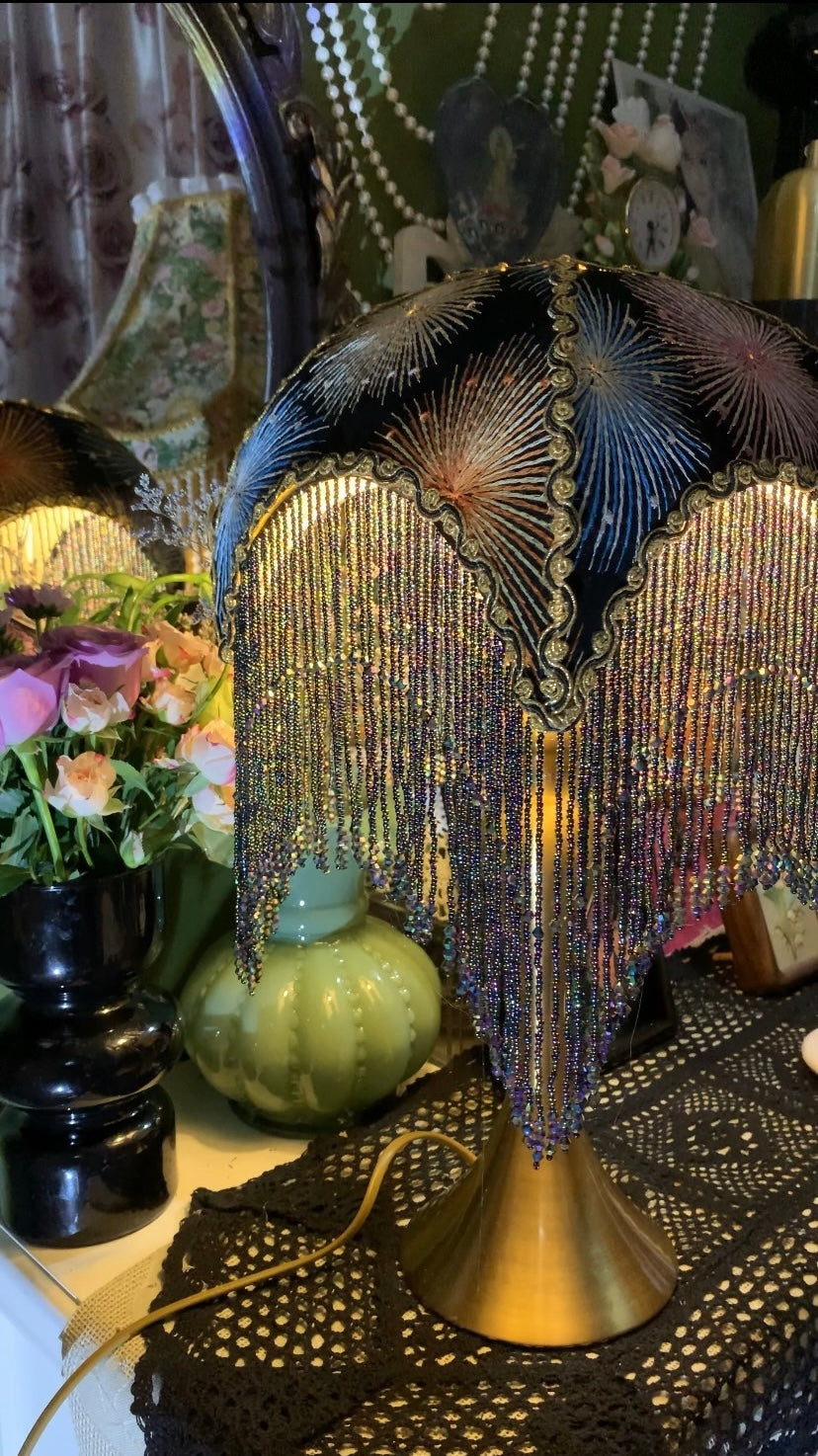 Starry Night Embroidered Lampshade 'Fireworks' | Boho Home Decor | Handmade Vintage Lighting | Unique Gift for Cottagecore & Airbnb Styling