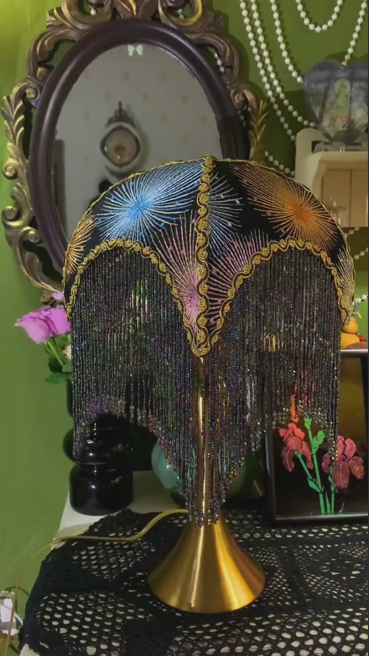 Starry Night Embroidered Lampshade 'Fireworks' | Boho Home Decor | Handmade Vintage Lighting | Unique Gift for Cottagecore & Airbnb Styling